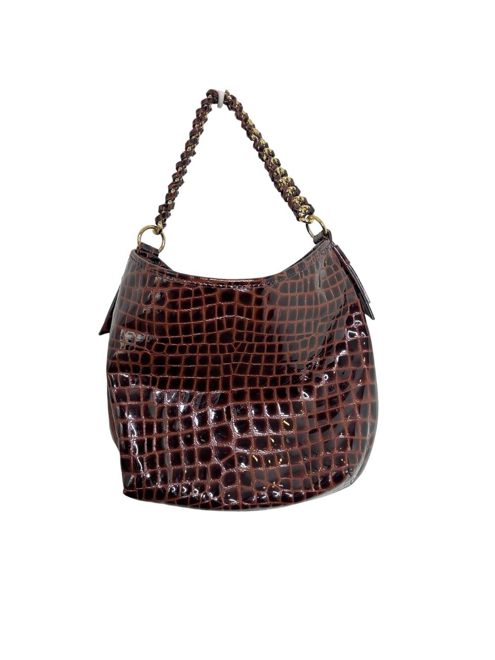 Antonio Melani Brown Patent Leather Croc Embossed Woven Chain Handle Bag